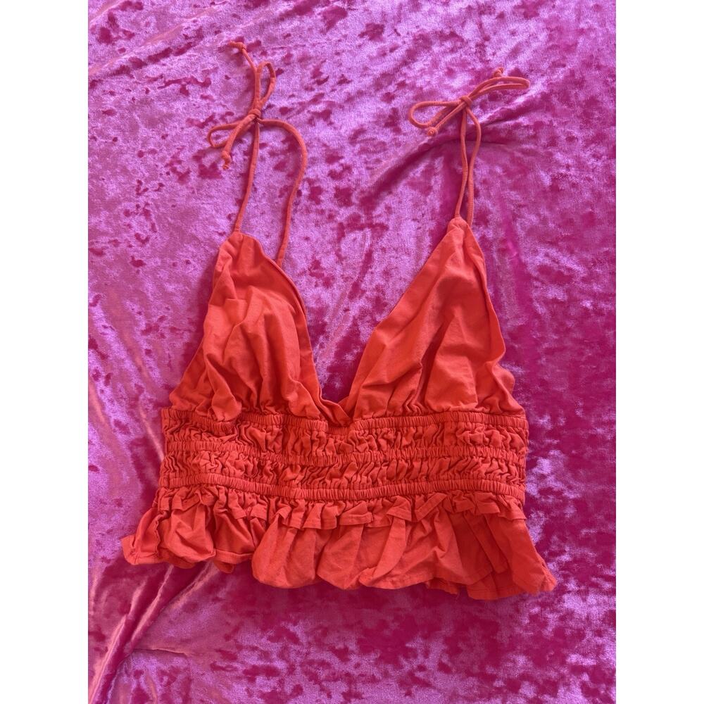 Sim & Sam Paolina Orange Red Smocked Strappy Ruffled Crop Top Medium 100% Cotton